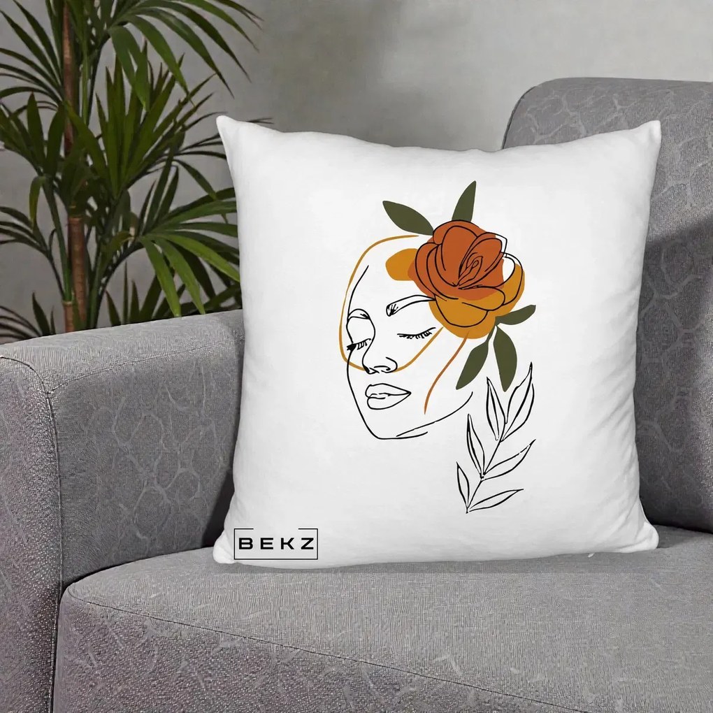 Perna Decorativa Portret Feminin Trandafir Ruginiu, 40x40 cm, Alb Pufos, Husa Detasabila, Perna Inclusa, BEKZ®