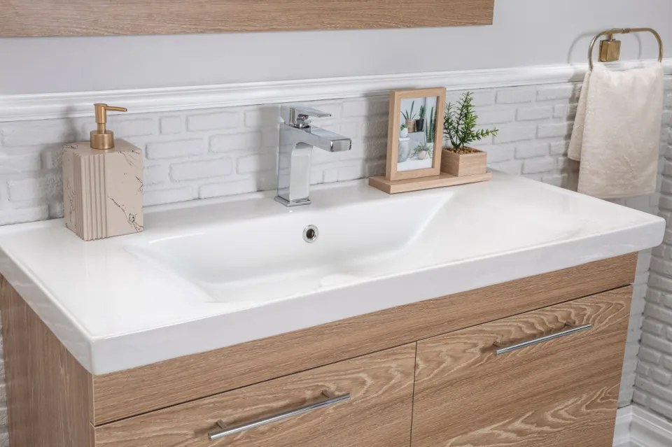 Set Mobilier Baie Sequoia 100, Include Baza Lavoar, Lavoar și Oglinda, 100 cm, Natural