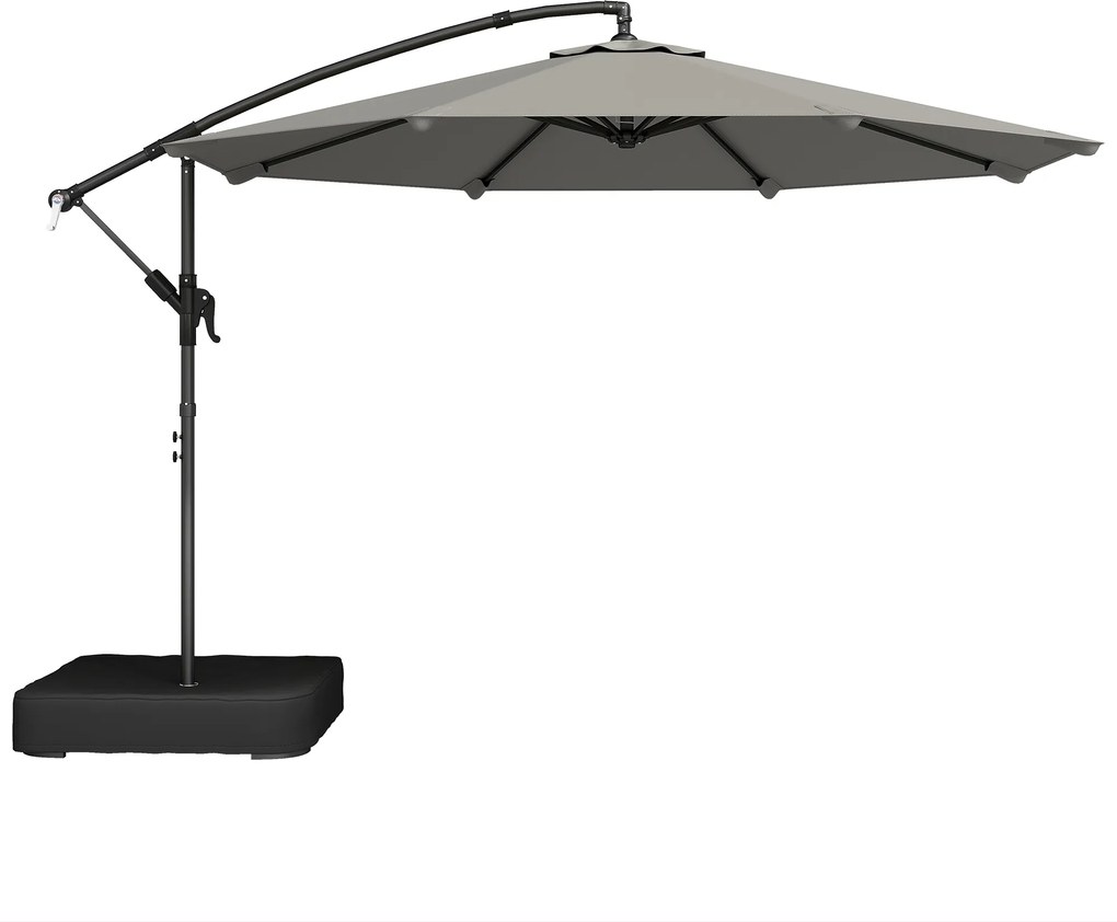 Outsunny Parasol cu braț lateral pentru grădină 300 cm cu bază în cruce, sac de nisip, parasol tip banană rotativ 360°, gri | Aosom Romania