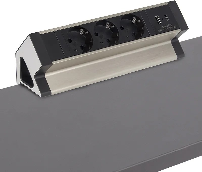 Priza pentru birou Desk Box Design Light, 3 prize Schuko, USB A + C, otel periat   negru, 244 x 75 mm Aluminiu Plastic, Otel periat Negru, L:244 mm; l