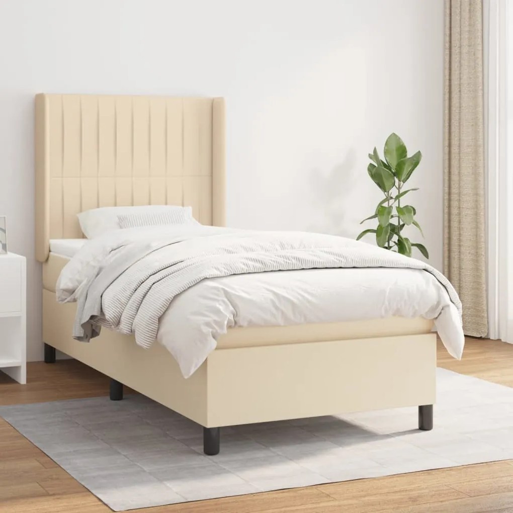 vidaXL Pat box spring cu saltea, crem, 90x200 cm, textil