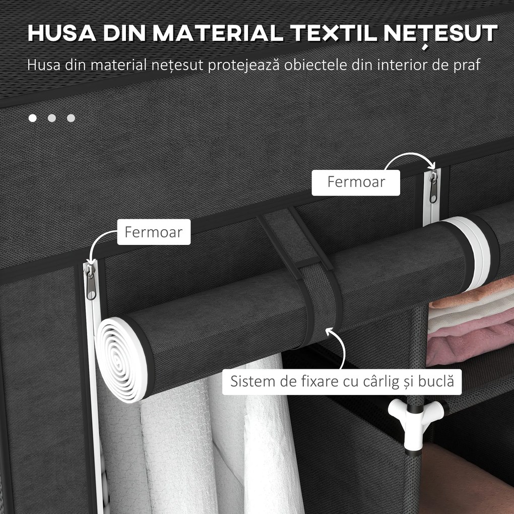 HOMCOM Dulap din Material Textil cu Bază Înălțată, 8 Rafturi și 2 Bare, 125x43x162.5 cm, Gri Închis | Aosom Romania