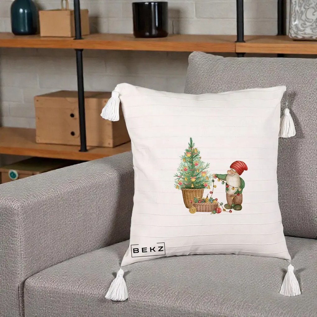 Perna Decorativa Pitic de Craciun cu Brad, 40x40 cm, Bej cu Franjuri, Husa Detasabila, Perna Inclusa, BEKZ®