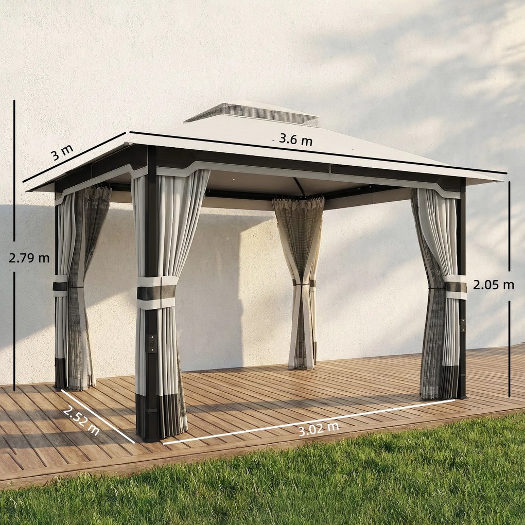 Outsunny Cort pentru Grădină cu Acoperiș Dublu Foișor cu 4 Pereți și Plasă Anti-Țânțari pentru Exterior Terasă 360x300x279 cm Gri Deschis | Aosom Romania