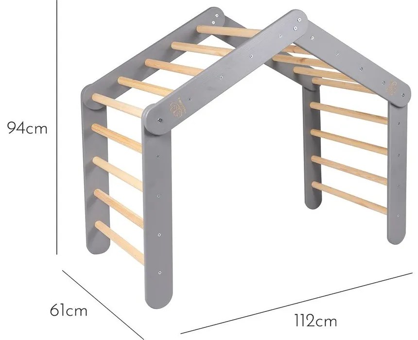 Triunghi Pikler de cățărat gri din lemn de pin 61x112x94 cm Montessori – Meowbaby
