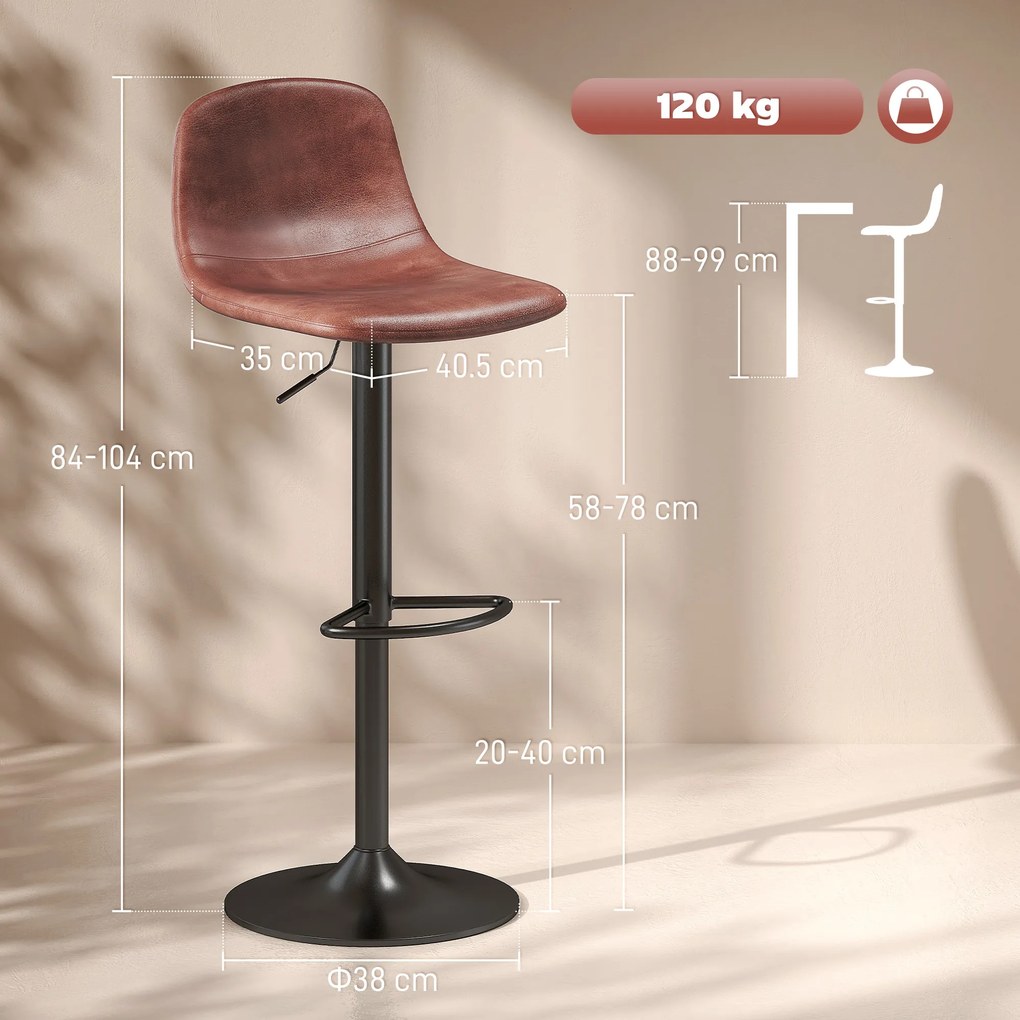 HOMCOM Set 2 Scaune Inalte Reglabile 360° cu Spatar si Suport pentru Picioare pentru Bucatarie Bar sau Sufragerie 40,5x44x84-104 cm Maro | Aosom Romania