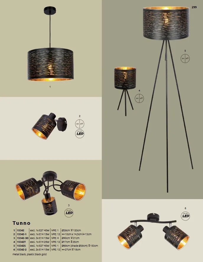 Lampadar cu trepied design modern TUNNO negru, auriu 15342S GL