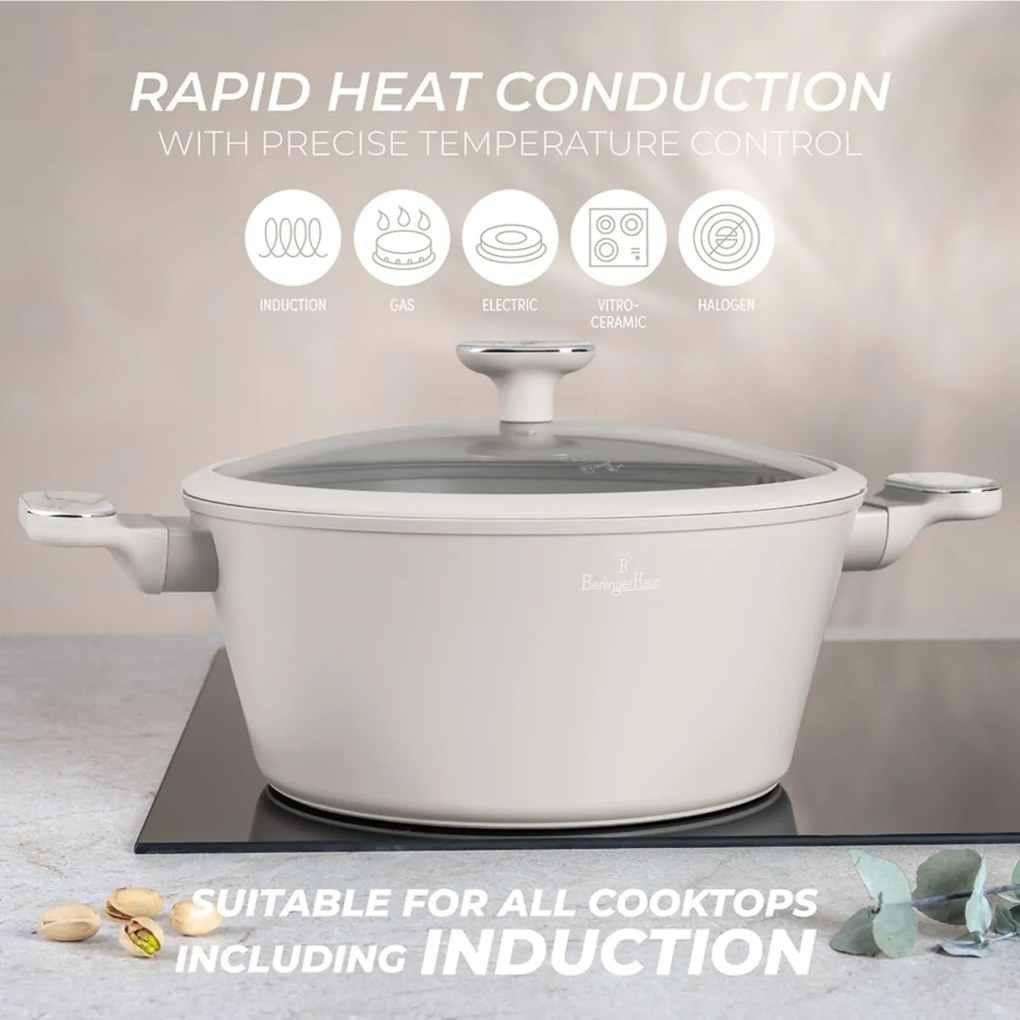 Set oale si tigai cu capace 15 piese Sahara Marble Berlinger Haus BH8401, crem, antiaderente, compatibile inductie