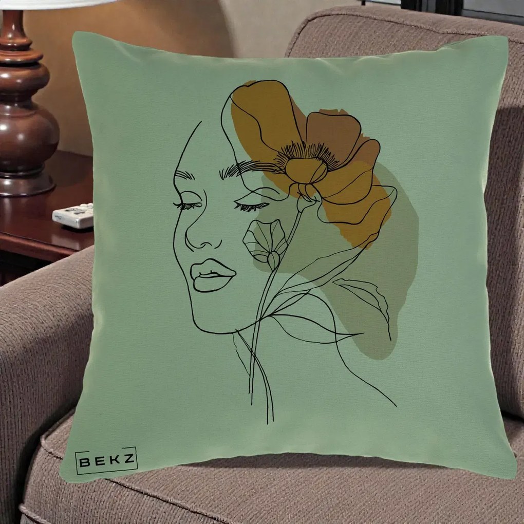Perna Decorativa Portret Feminin Mac Mare Portocaliu, 40x40 cm, Verde, Husa Detasabila, Perna Inclusa, BEKZ®