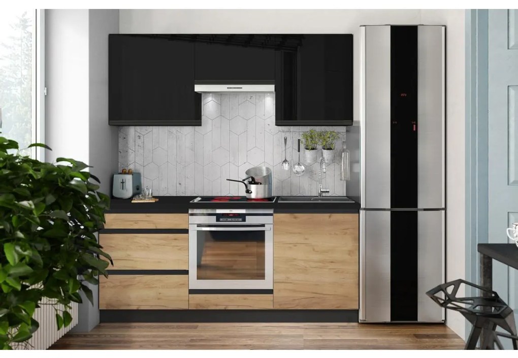 Mobilă de bucătărie MARINA 180 cm, stejar craft/negru lucios