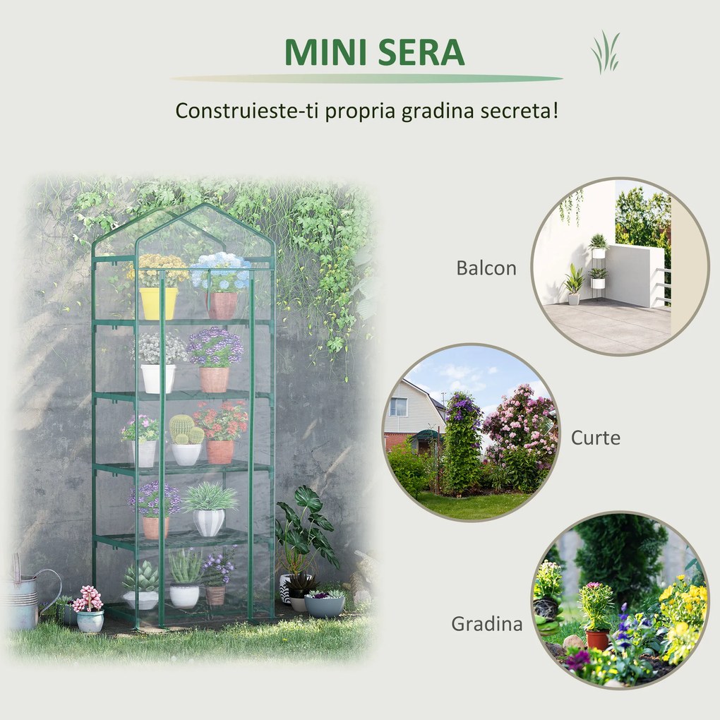 Mini Sera de Gradina si Terasa cu 5 Etajere pentru Plante Gradina de Legume, fructe, ierburi din Otel si PVC, 69x49x193cm Outsunny | Aosom Romania