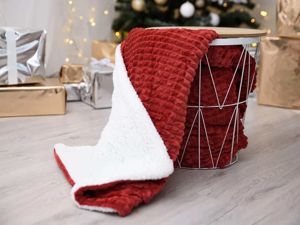 Patura de lux din microplus cu model/blana sintetica Culoare visiniu, 180x200 cm