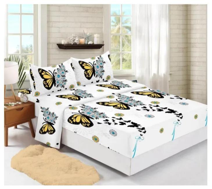 Husa de pat Finet + 2 fete de perna, pentru saltea de 160x200 cm, fluturi galbeni