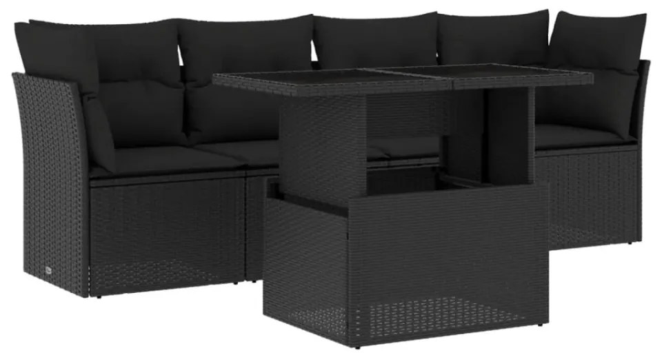 Set mobilier de grădină cu perne, 5 piese, negru, poliratan