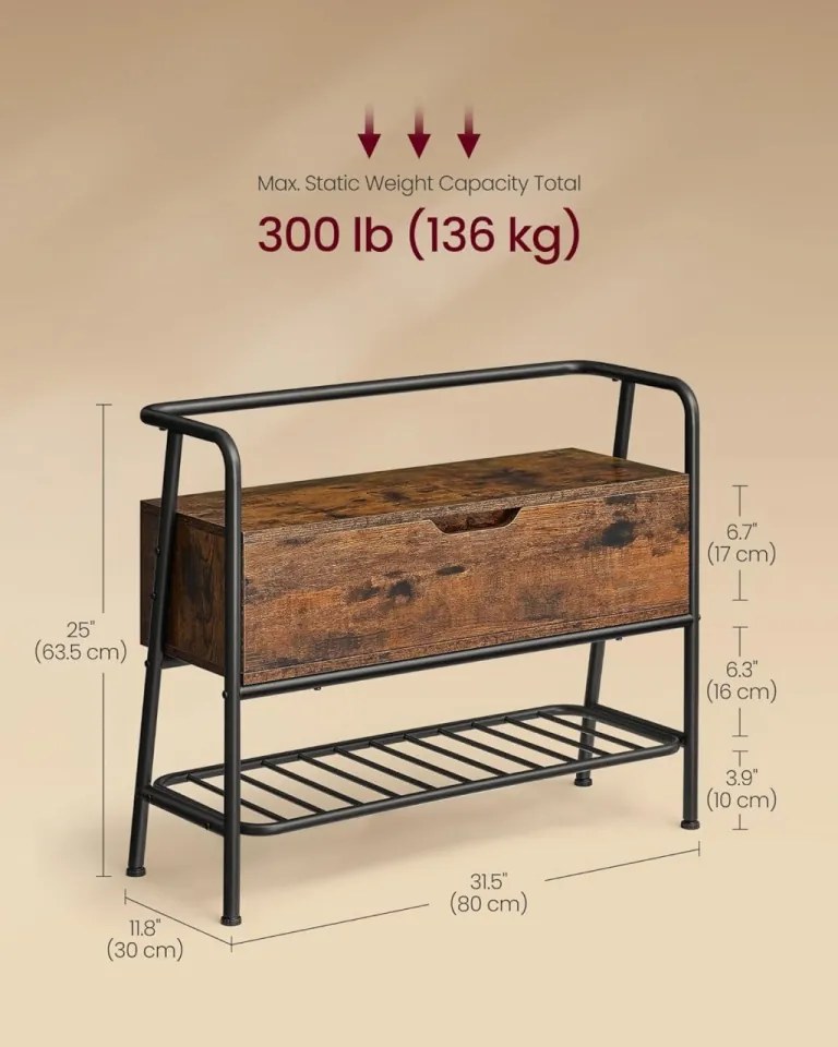 Bancheta cu sertar si suport pantofi, 80 x 30 x 63,5 cm, PAL melaminat / metal, maro / negru, Vasagle