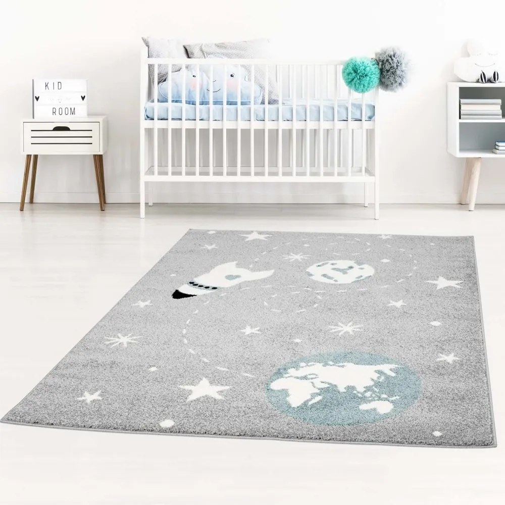 Covor pentru copii gri de calitate cu universul Lăţime: 160 cm | Lungime: 220 cm