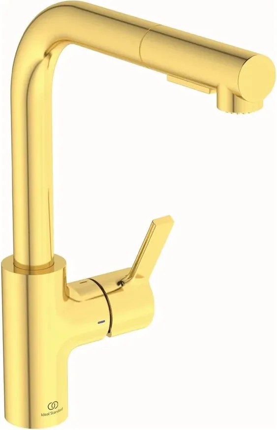 Baterie bucatarie cu dus extactibil Ideal Standard Gusto 295 auriu periat 2 tipuri de jet
