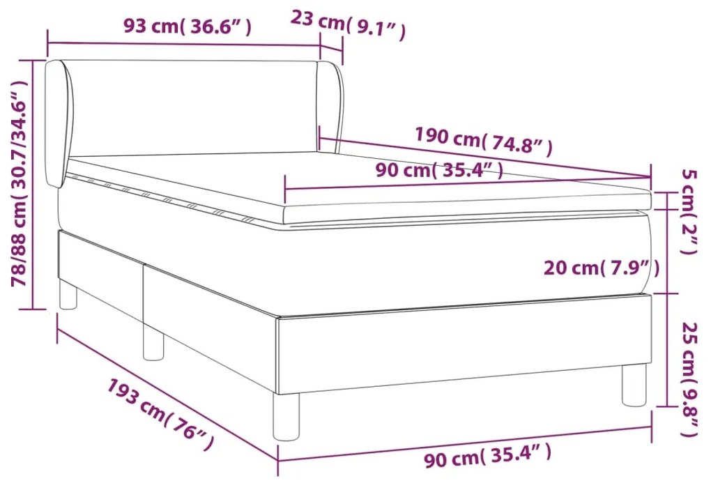 Pat box spring cu saltea, gri, 90x190 cm, piele ecologica Gri, 90 x 190 cm, Design simplu