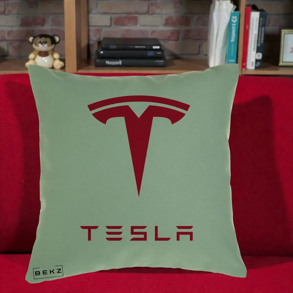 Perna Personalizata cu emblema Tesla, 40x40 cm, Verde, Husa Detasabila, Perna Inclusa, BEKZ®