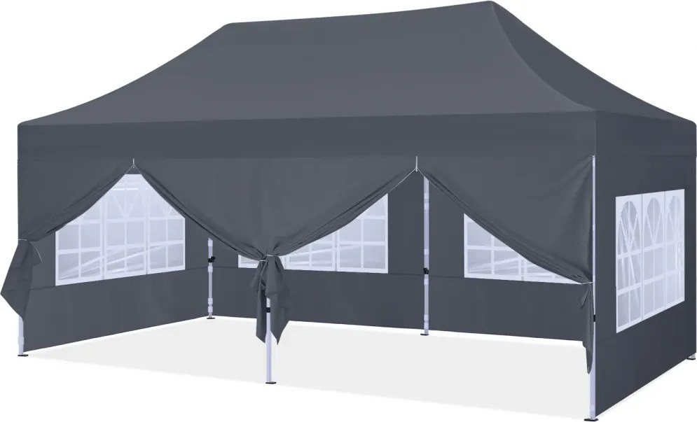 ABCCANOPY – Cort pavilion pliabil 6x3 m, înălțime reglabilă 3 trepte, pereți cu ferestre transparente, impermeabil, protecție împotriva zăpezii și ploii, Gri