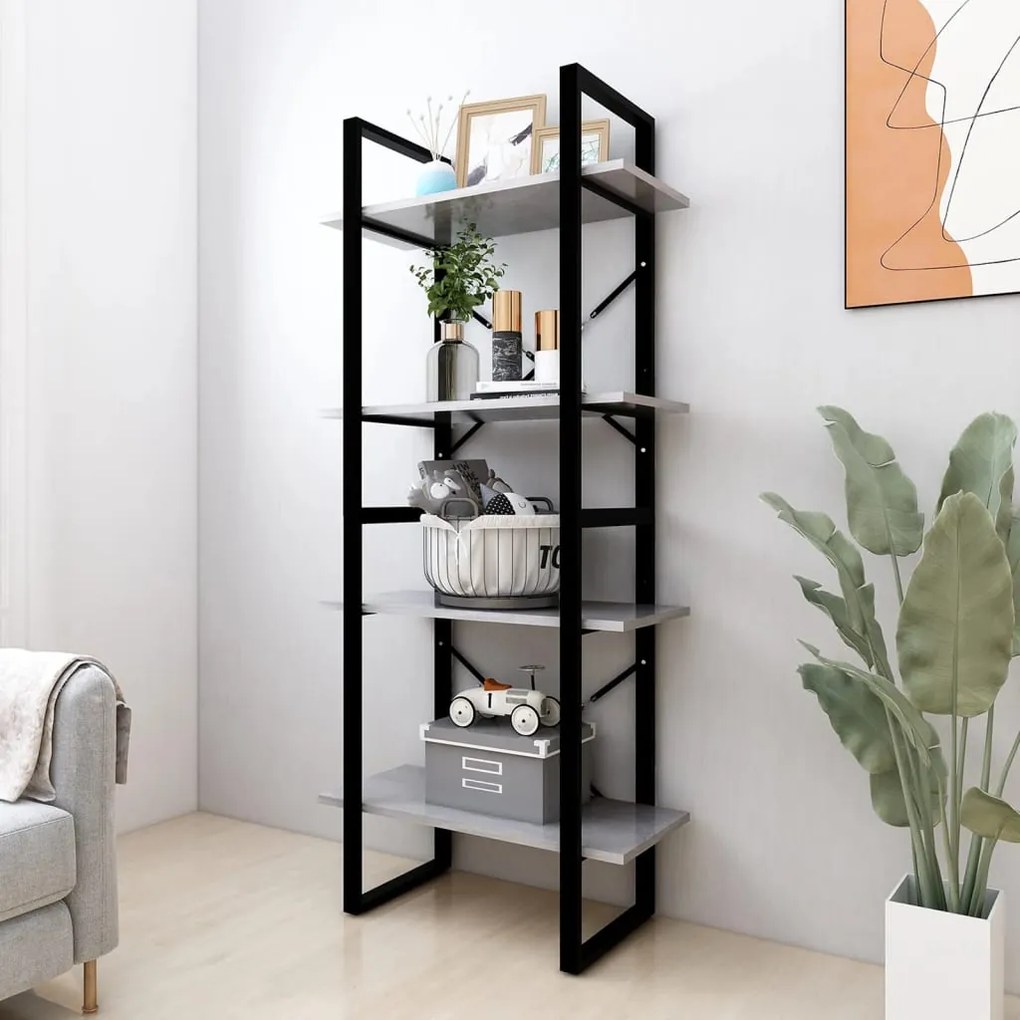 806441 vidaXL Bibliotecă cu 4 rafturi, gri beton, 60x30x140 cm, PAL