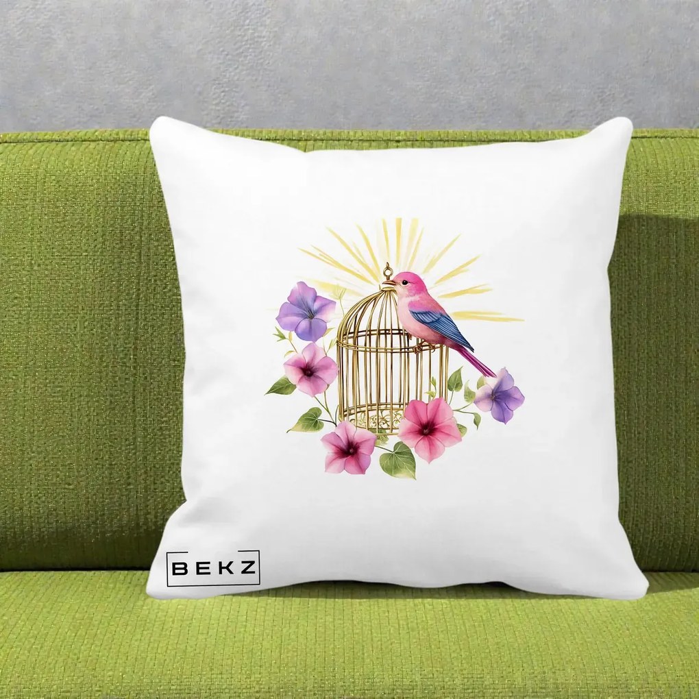 Perna Decorativa Pasare Roz pe Colivie Aurie cu Flori, 40x40 cm, Alba Mata, Husa Detasabila, Perna Inclusa, BEKZ®