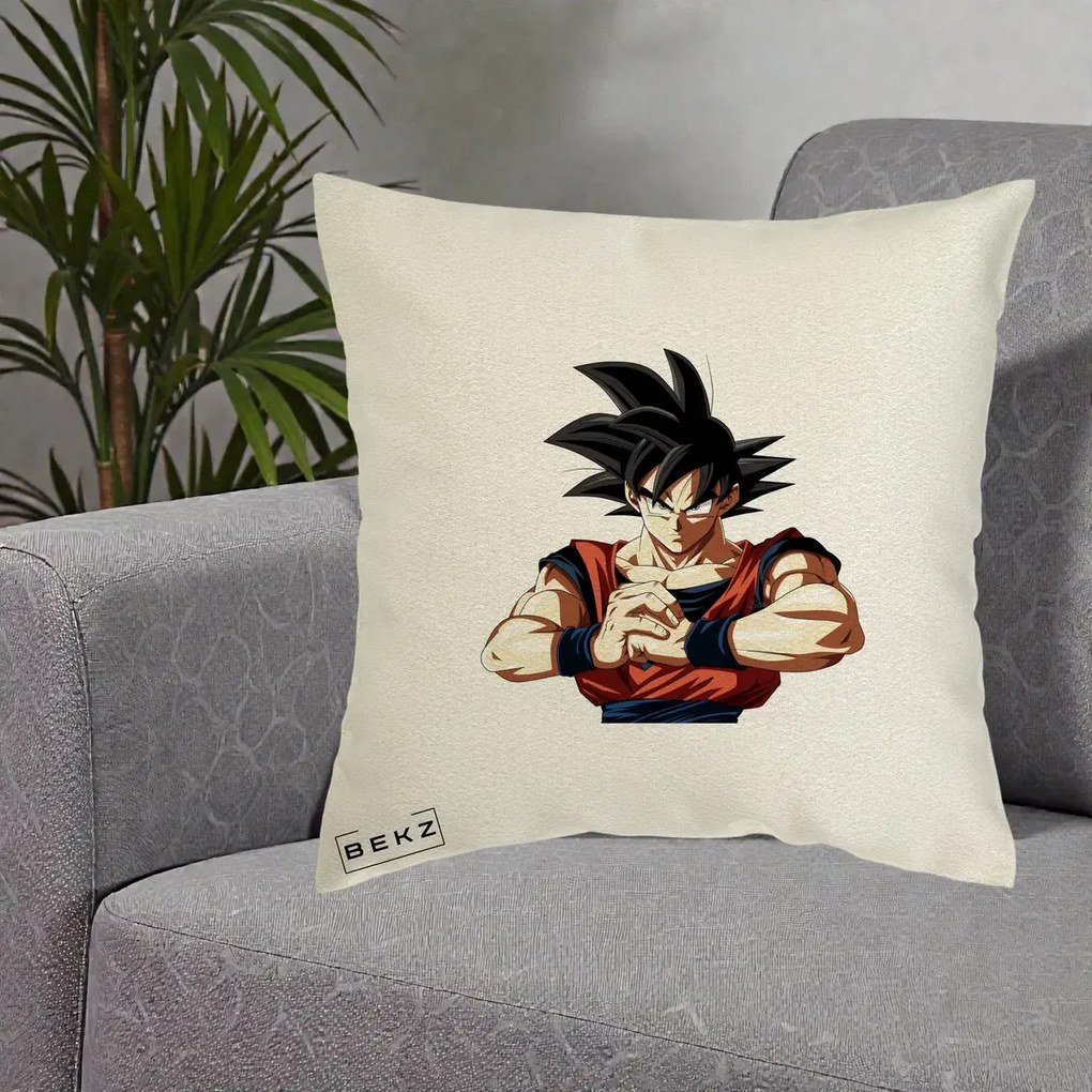 Perna Personalizata Dragon Ball Goku Portret Serios, 40x40 cm, Ecru, Husa Detasabila, Perna Inclusa, BEKZ®