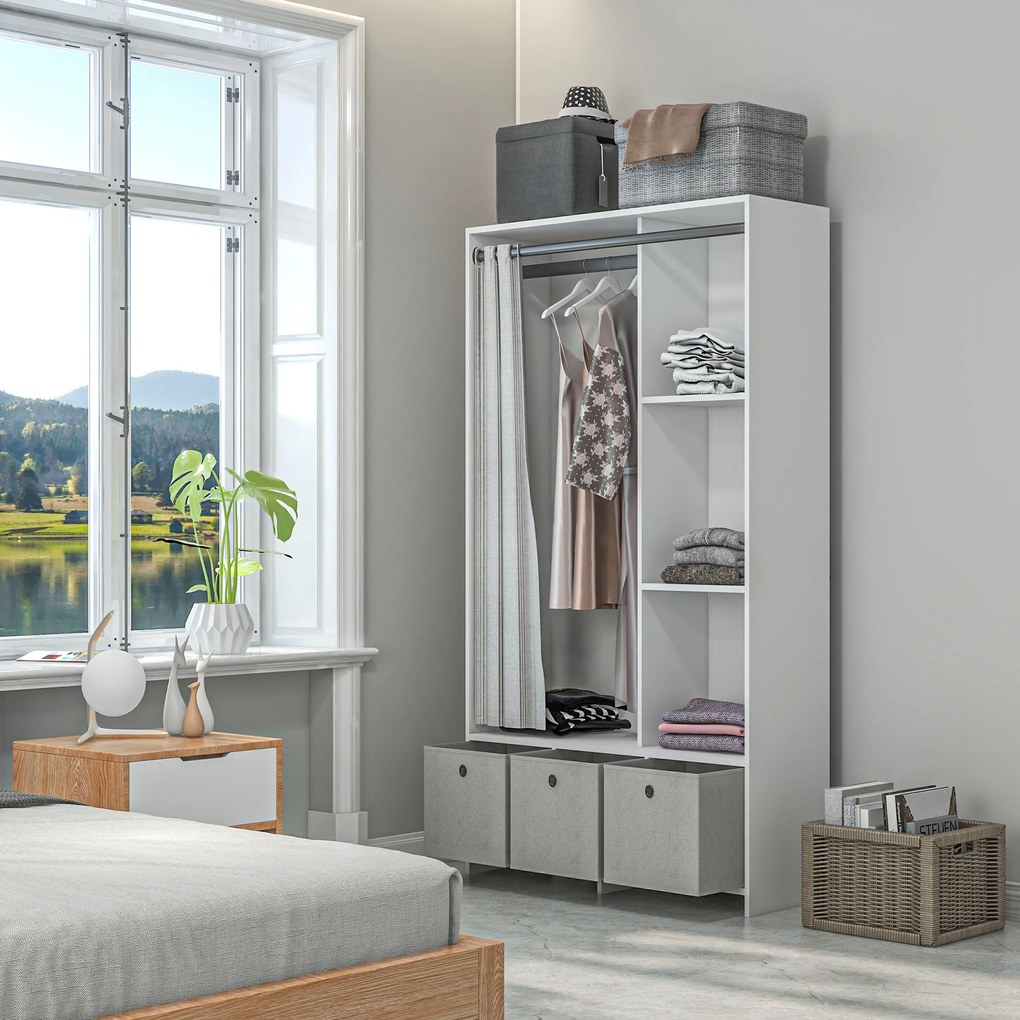 HOMCOM Dulap pentru haine dulap de depozitare cu bară cortină 3 sertare din material textil detașabile 105 x 48 x 160 cm alb | Aosom Romania