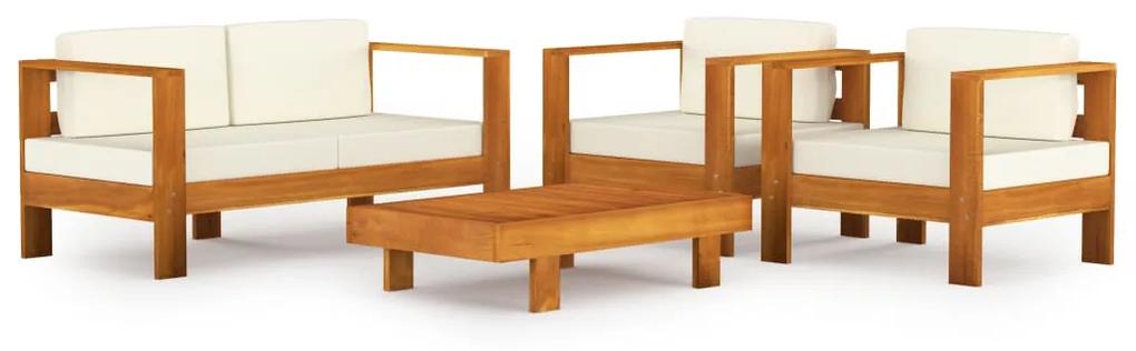 Set mobilier gradina perne alb crem, 4 piese, lemn masiv acacia Crem, 2x fotoliu + banca + masa, 1