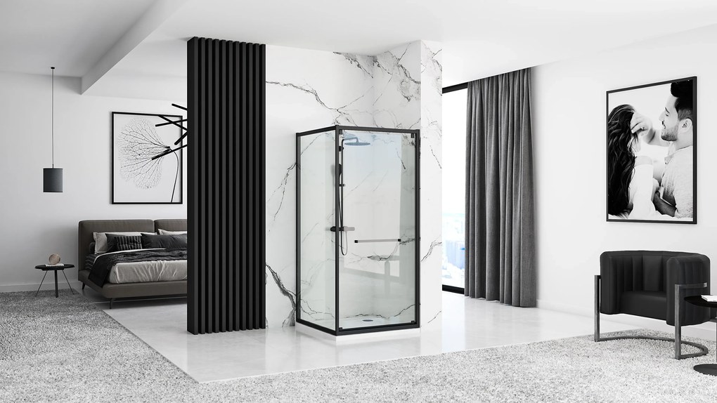 Cabina dus cu cadita de dus patrata cu usa culisanta Rea Space In 90x90 negru mat