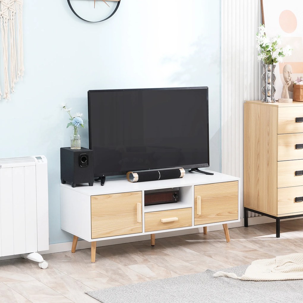 HOMCOM Mobilier TV banc TV suport TV pentru televizoare până la 46 de inch de stil scandinav cu 1 sertar, 2 dulapuri, 1 nișă, 1 pasacabluri - 120 x 37 x 45,5 cm | Aosom Romania