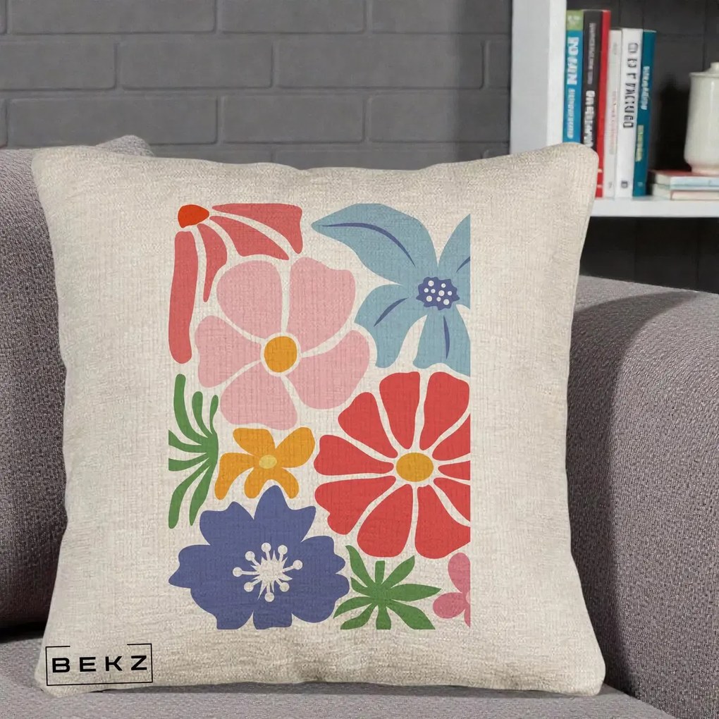 Perna Decorativa Flori Grafice Roz-Rosu-Albastru, 40x40 cm, Bej Canapea, Husa Detasabila, Perna Inclusa, BEKZ®