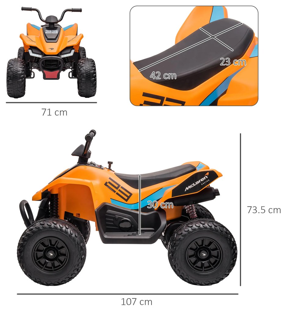 HOMCOM ATV Electric de 12V pentru Copii cu Pornire Lentă, Faruri, MP3 și Roți cu Suspensie, 107x71x73,5 cm, Portocaliu | Aosom Romania