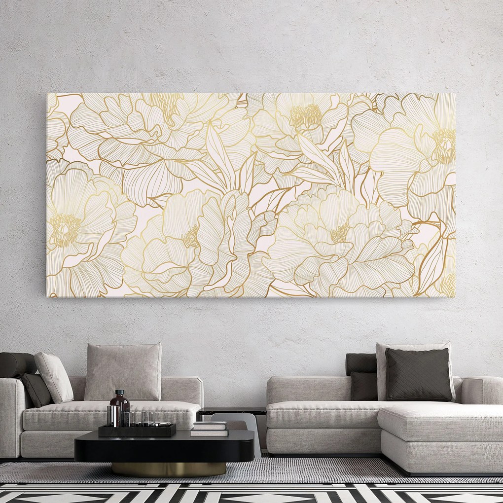 Tablou Canvas, 100x200cm, Dormitor si Living, Flori, Bujori, Golden Peony