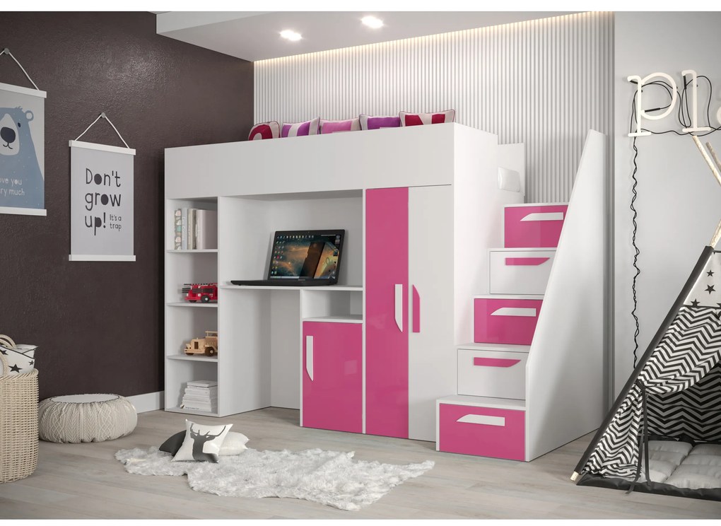 Pat pentru copii combinat 90 cm Puro 14 (alb mat + alb lucios + roz lucios). 1087086