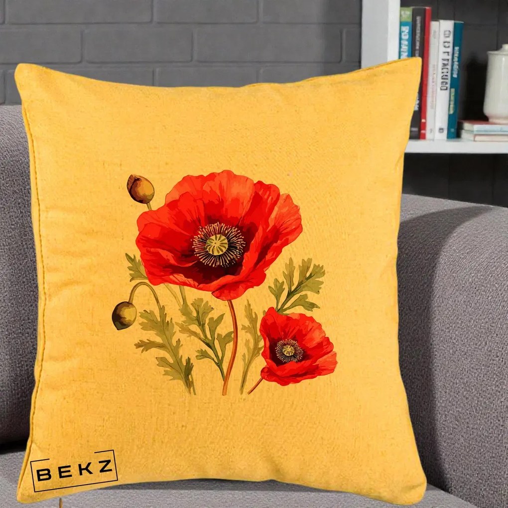 Perna Decorativa Maci Rosii Acuarela, 40x40 cm, Galben, Husa Detasabila, Perna Inclusa, BEKZ®