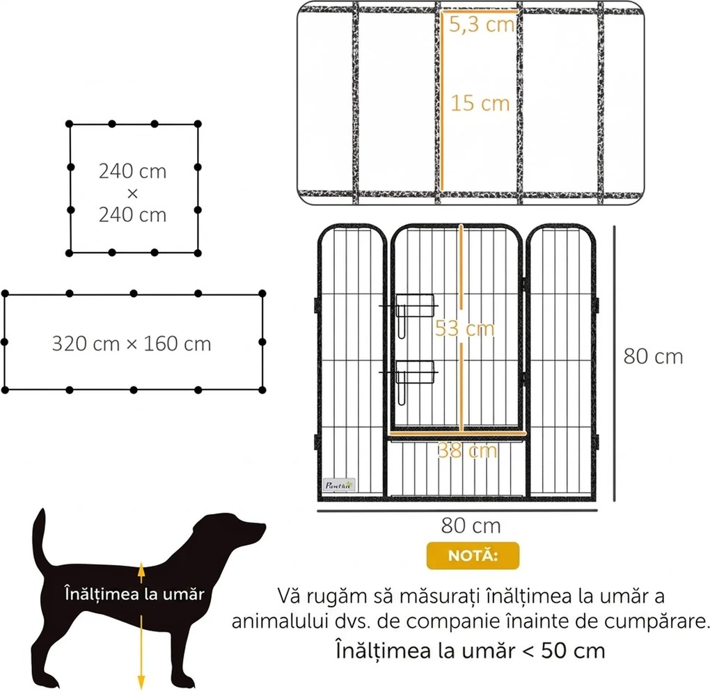 PawHut Gard pentru Câini, Incintă Modulară pentru Câini din 8 Secții pentru Interior și Exterior, 80x100 cm, Negru | Aosom Romania