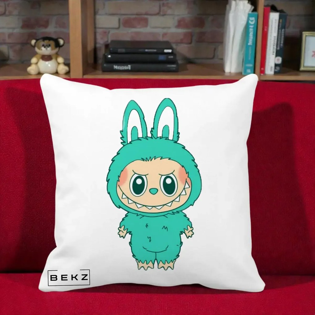 Perna Personalizata Labubu Turcoaz, 40x40 cm, Alba Mata, Husa Detasabila, Perna Inclusa, BEKZ®