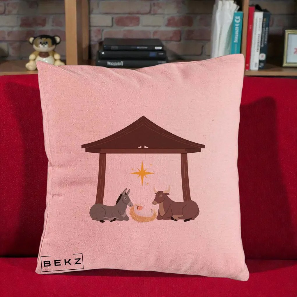 Perna Decorativa Ieslea din Betleem cu Iesle Asin si Bou, 40x40 cm, Roz, Husa Detasabila, Perna Inclusa, BEKZ®
