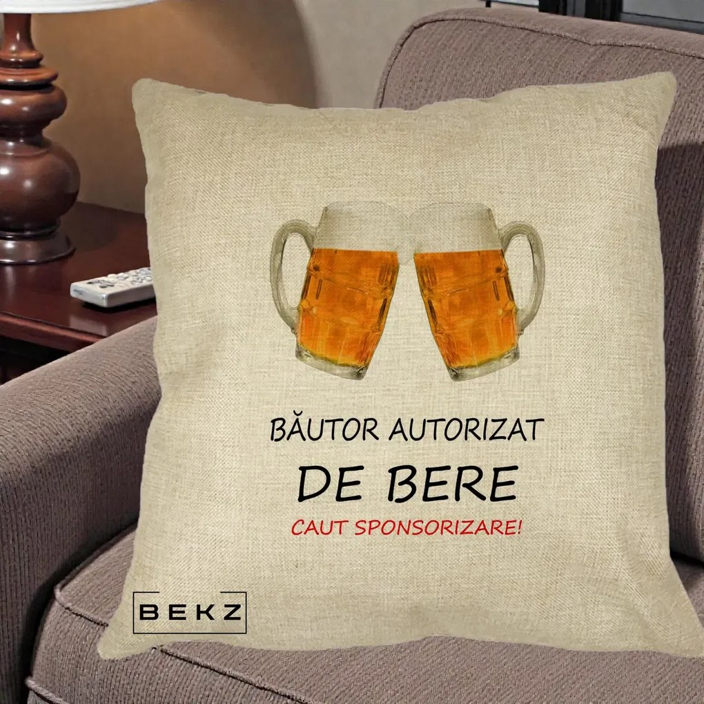Perna Decorativa Bautor Autorizat de Bere, 40x40 cm, Crem, Husa Detasabila, Perna Inclusa, BEKZ®