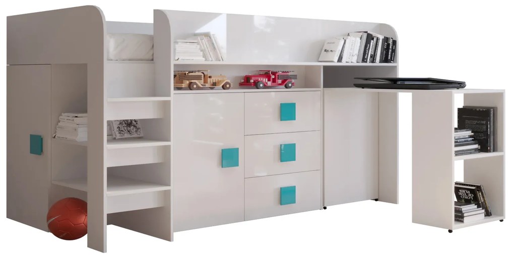 Pat multifuncțional 90 cm Toreno 1 (Alb + alb lucios + mânere turcoaz lucios). 1083308