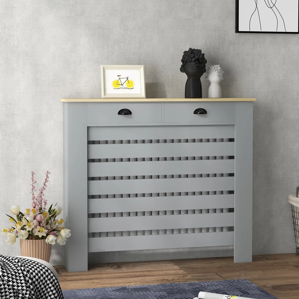 HOMCOM Acoperiș pentru calorifer din MDF cu doghe, cu 2 sertare, 111x19x95.5 cm, Gri | Aosom Romania
