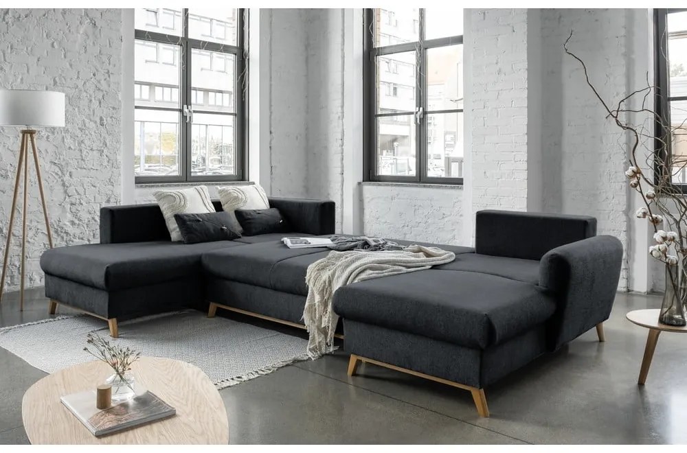 Canapea extensibilă în formă de "U" cu șezlong pe partea stângă Miuform Scandic Lagom, gri închis