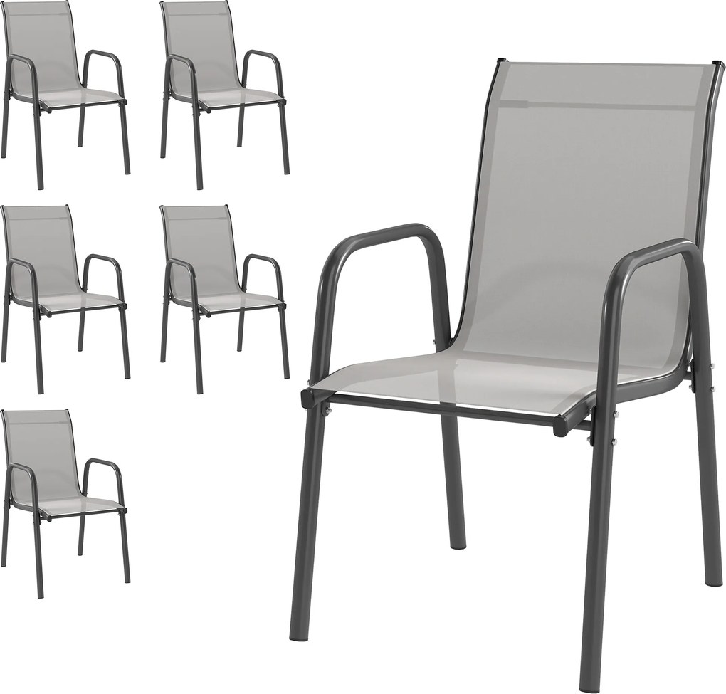Outsunny Set de 6 Scaune de Grădină Exterioare Stivuibile cu Cotiere, Șezut și Spătar din Plasă, Cadru Metalic, Gri | Aosom Romania