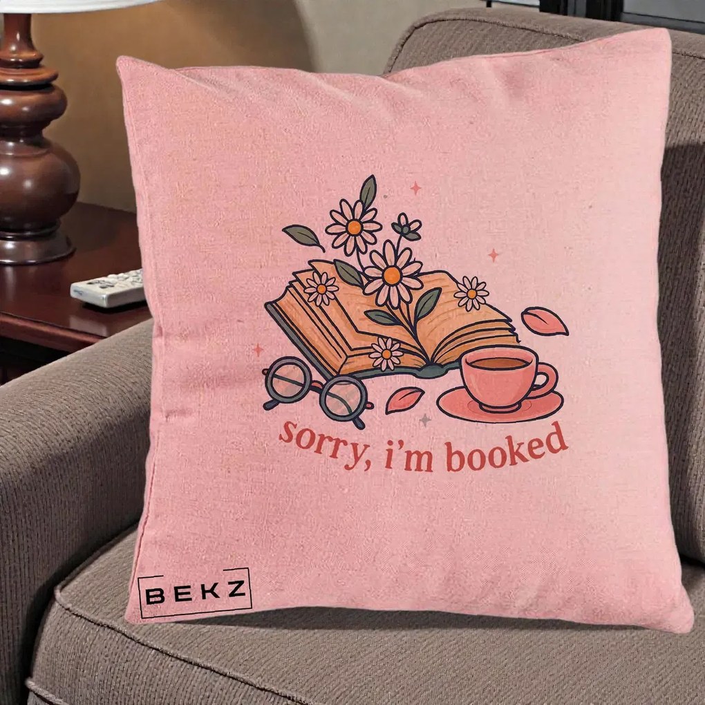 Perna Personalizata Sorry I'm Booked Carti Flori, 40x40 cm, Roz, Husa Detasabila, Perna Inclusa, BEKZ®