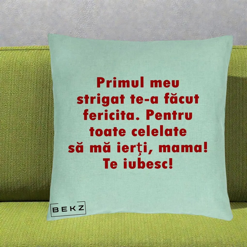 Cadou pentru Mama - Perna Personalizata Primul Strigat Mama, 40x40 cm, Verde Menta, Husa Detasabila, Perna Inclusa, BEKZ®