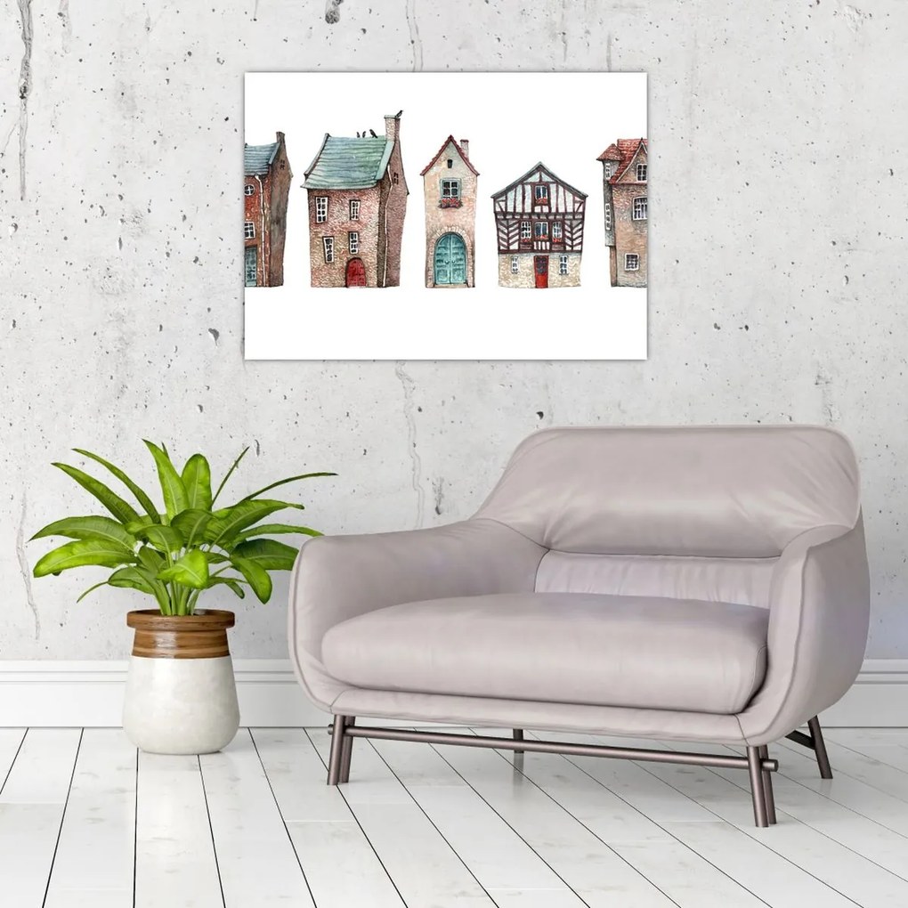 Tablou pe sticlă - Case în acuarelă (70x50 cm)