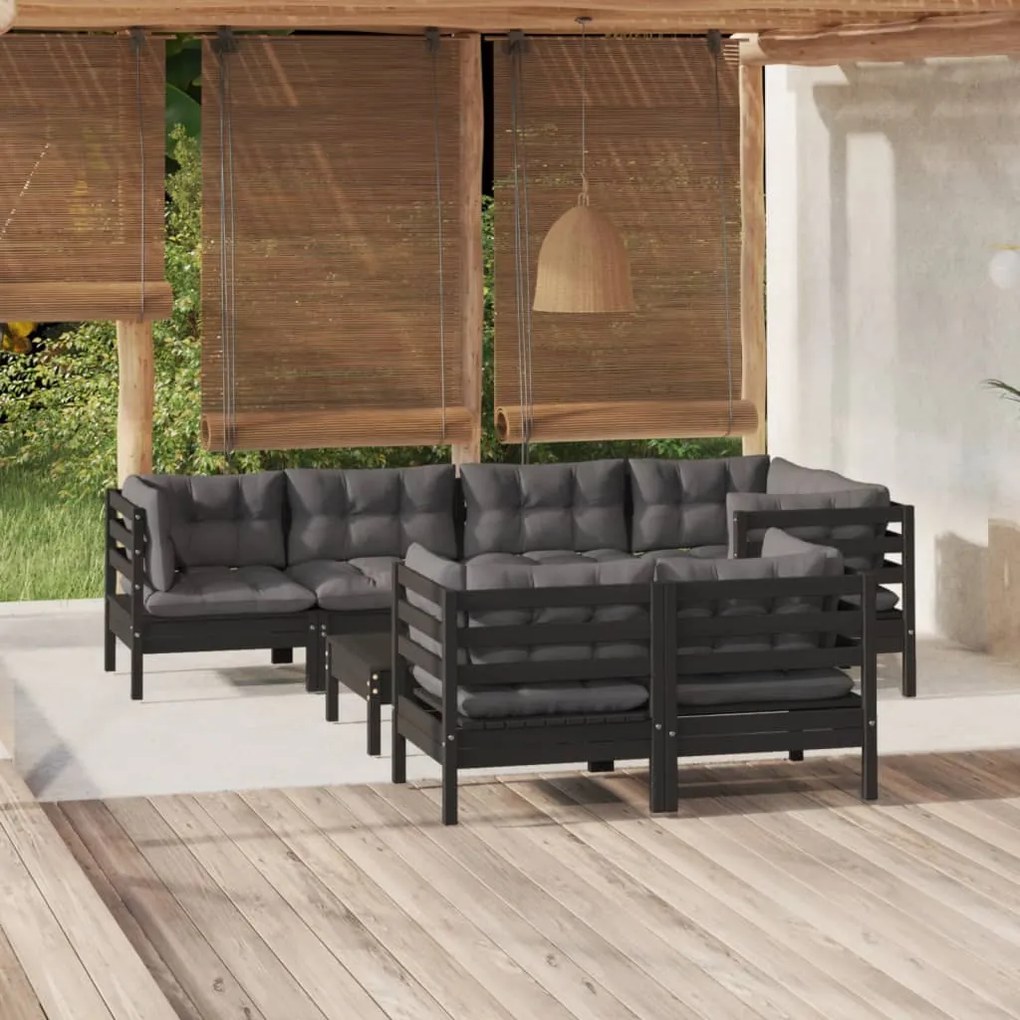 3096500 vidaXL Set mobilier de grădină cu perne 8 piese negru lemn masiv pin