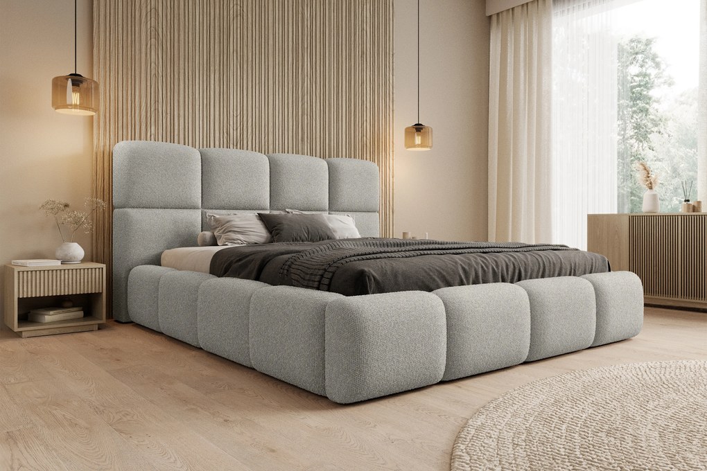 Pat tapițat Cloud 160x200 cu spațiu depozitare - bouclé gri Quelle 83