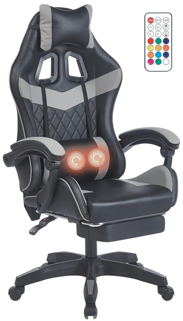 Scaun gaming, sistem iluminare bandă LED RGB, masaj în perna lombară, suport picioare, Negru/Gri